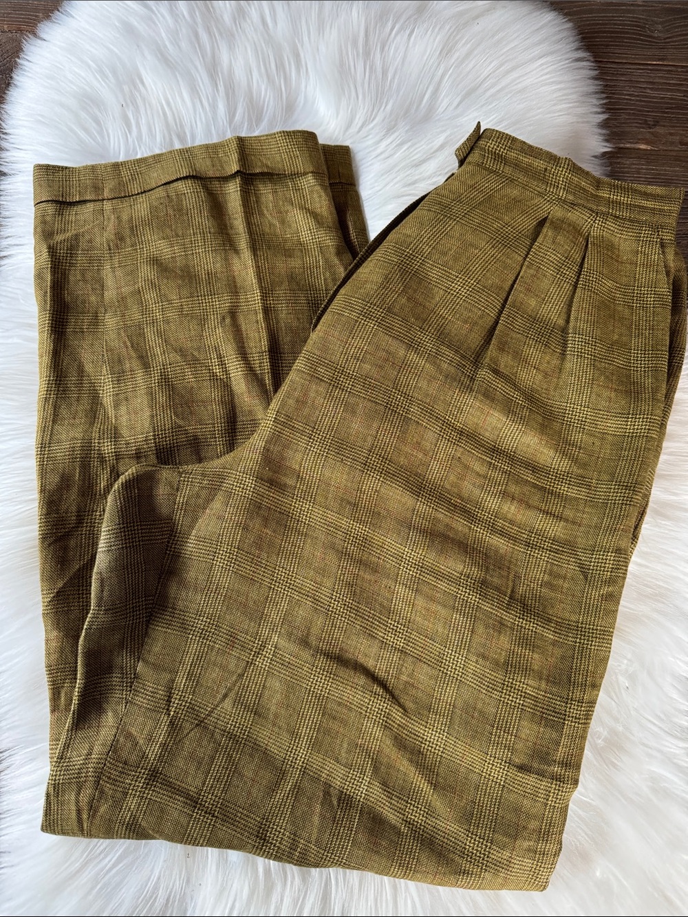 Jones New York ecru green plaid linen pleated cuffed hem trousers vintage 13